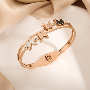Elegant Titanium Steel Butterfly Bangle With Shell Zirconia Embellishment Stainless Steel Bracelet For Women Jewelry Gift
