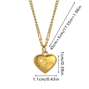 Detail of golden heart pendant necklace with Love engraving and size measurements