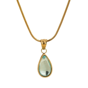 French style gold plated snake chain necklace with a blue teardrop pendant on white background