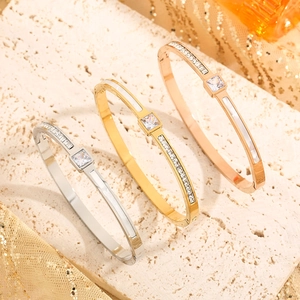 Titanium Steel Bangle For Women With Square Zircon And White Shell Inlay Row Of Rhinestones Beveled Square Grain Jewelry