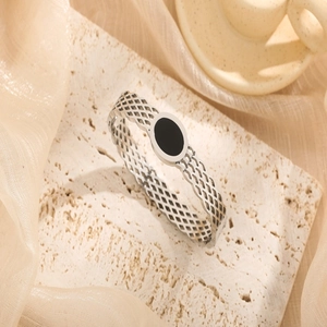 Minimalist silver mesh stainless steel bracelet with black oval gemstone inlay for women