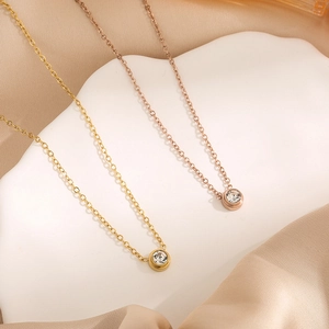 Minimalist Titanium Steel Single Rhinestone Pendant Necklace Round Bezel Set Solitaire Clavicle Chain Jewelry For Women