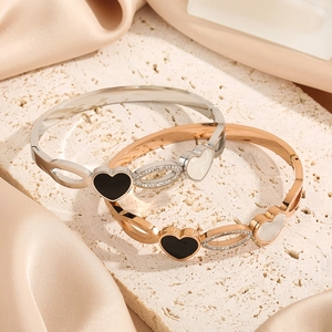 Gold plated titanium steel heart bracelet set with shell inlay and cubic zirconia