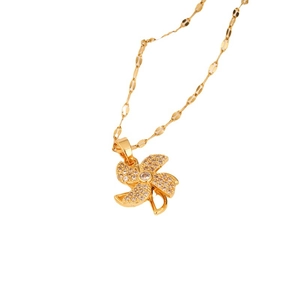 Rotating clover windmill pendant necklace in gold finish with sparkling cubic zirconia