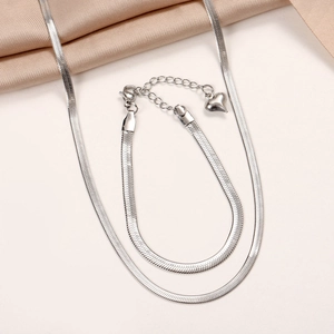 Silver stainless steel snake chain necklace and bracelet set with heart charm pendant