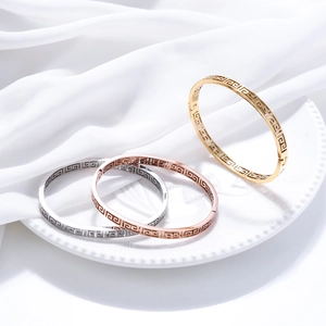 Vintage Titanium Steel Greek Key Meander Bangle For Women Gold Rose Gold Silver Plated Open Cuff Bracelet Palace Jewelry