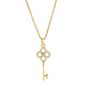 Elegant gold key pendant necklace with clover design and sparkling zircon stones