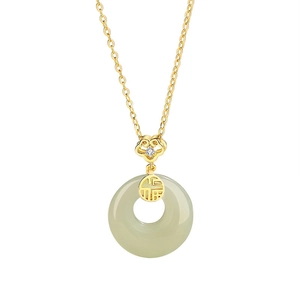 Collier en or avec pendentif Ping'an en jade vert et charme avec caractère chinois Fu
