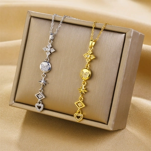 Fashion Stainless Steel Zirconia Necklace For Women Long Tassel Four Leaf Clover Heart Butterfly Pendant Clavicle Chain