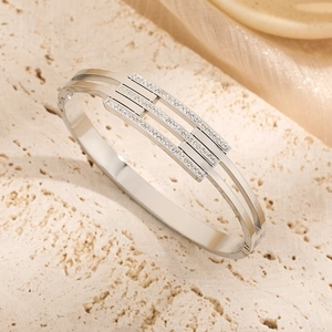 Modern silver geometric titanium steel open bracelet with three rows of sparkling zircons