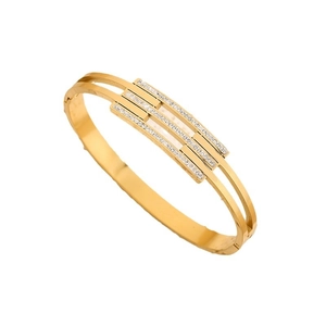 Elegant gold titanium steel open bangle with double bands and sparkling diamond accents
