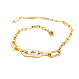 Golden stainless steel paperclip ankle bracelet with crystal pave rectangle link charm