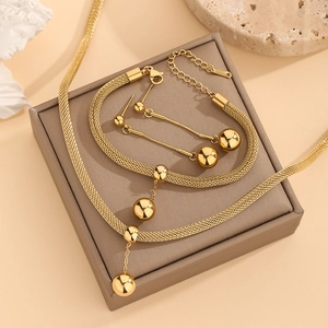 Parure de Bijoux en Or en Acier Inoxydable Chaîne à Mailles Métalliques Pendentif Boule Collier Bracelet Boucles d'Oreilles Femme