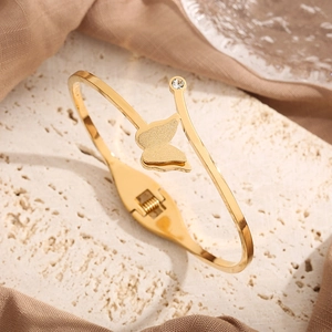 Elegant Stainless Steel Frosted Butterfly Open Bracelet For Women Rose Gold Plated Zircon Simple Adjustable Hinge Bangle