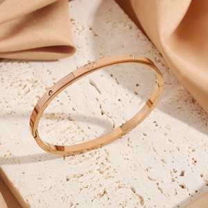Elegant rose gold titanium steel bracelet with double heart zircons on stone base