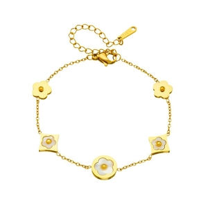 Elegant gold titanium steel bracelet with five-leaf flower charms and adjustable chain link
