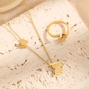 Frosted butterfly necklace and adjustable ring set in rose gold titanium steel