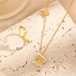Minimalist matte butterfly necklace and open ring set in rose gold titanium steel