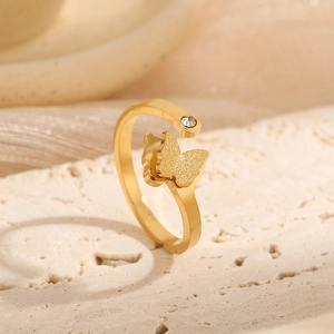 Frosted butterfly ring in rose gold stainless steel with sparkling round zircon stone