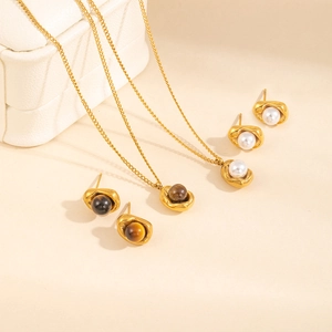 Luxury Organic Lava Stainless Steel Jewelry Set Golden Irregular Tiger Eye Faux Artificial Pearl Pendant Necklace Stud Earrings For Women