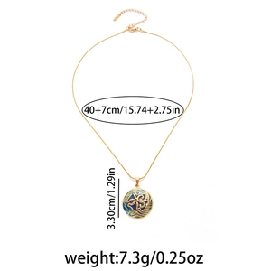 Golden round pendant necklace with blue sea enamel design and 40cm adjustable chain