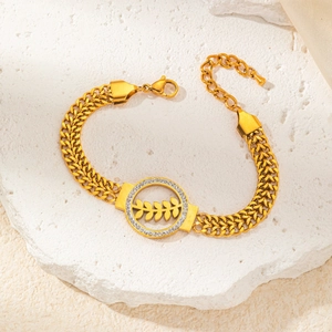 Bracelet élégant en titane doré avec médaillon d'épi de blé et cristaux brillants