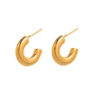 Close-up of polished gold-finished stainless steel C-shaped chunky hoop earrings