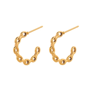 Detail of gold-plated stainless steel hoop earrings with chunky Cuban chain design