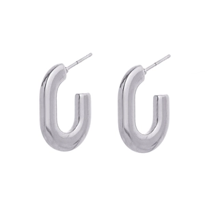 Close-up of polished silver U-shaped stainless steel hoop earrings with glossy finish