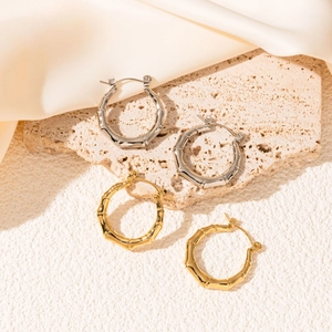 Orecchini a cerchio geometrici retrò texture bambù in acciaio inox lucido oro e argento