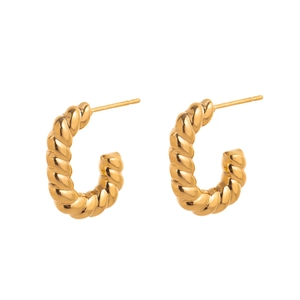 Detailed view of twisted rope texture on C-shaped golden stainless steel earrings