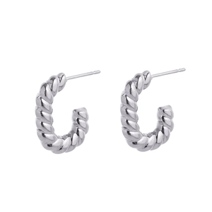 Detailed view of silver twisted rope C-shaped stud earrings in polished stainless steel