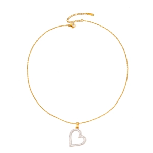 Detail of gold heart pendant necklace with shimmering white stones and adjustable chain