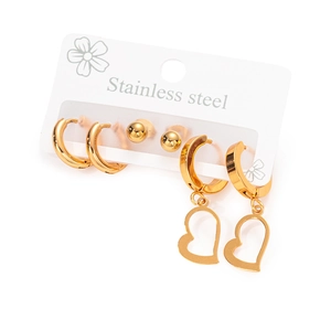 Three-piece stainless steel earring set in gold with heart charms and sphere studs