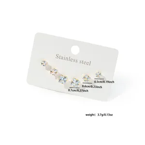 Three pairs of square cubic zirconia stud earrings in gold-plated stainless steel