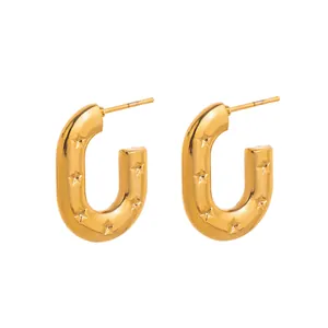 Gold-plated stainless steel U-shape hoop earrings with stamped star patterns