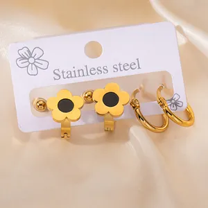 French style gold-plated titanium steel daisy flower and small hoop earrings set