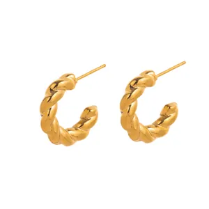 Classic golden C-shaped twisted rope earrings in polished stainless steel for women