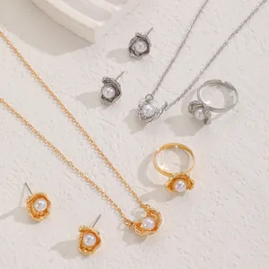 Baroque pearl jewelry set with minimalist lava design necklace and stud earrings