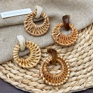 Bohemian rattan hoop earrings with marble resin pendants for casual summer beach vacation