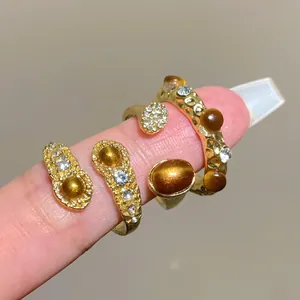 Maillard tiger eye stone diamond rings in gold finish for women fashion jewelry set