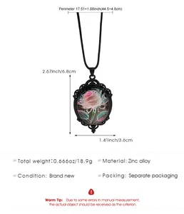 Gedetailleerde afmetingen van de vintage rozen hanger ketting met zwart koord