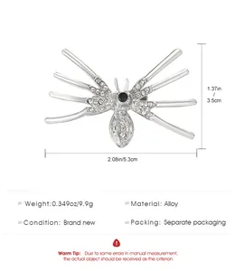 Detailed view of silver spider brooch with sparkling crystals and black gemstone
