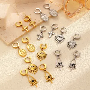 Boucles d'Oreilles Créoles en Acier Inoxydable Plaqué Or Argent Croix Mauvais Œil Médaille Vierge Marie Bijoux Religieux Femme