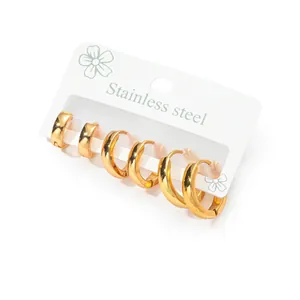 Lot de 3 paires de boucles d'oreilles créoles en acier inoxydable doré brillant