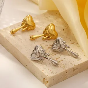 Orecchini A Lobo Cuore Fuso Acciaio Inossidabile Placcato Oro 18K Goccia Di Lava Stile Vintage Retro Per Donna