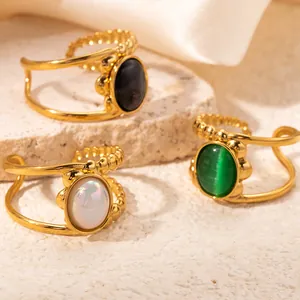 Adjustable golden open ring with colorful stones and elegant asymmetric double layers