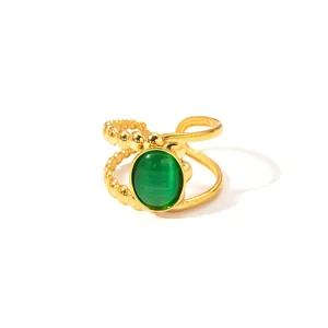 Detailed view of adjustable gold-plated ring featuring green cat eye stone and dual-layer band