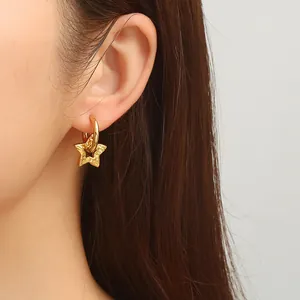 Fashionable 18K gold-plated star pendant hoop earrings for women with textured design