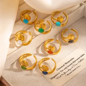 Adjustable gold plated stainless steel ring with colorful gemstone inlay and vintage design